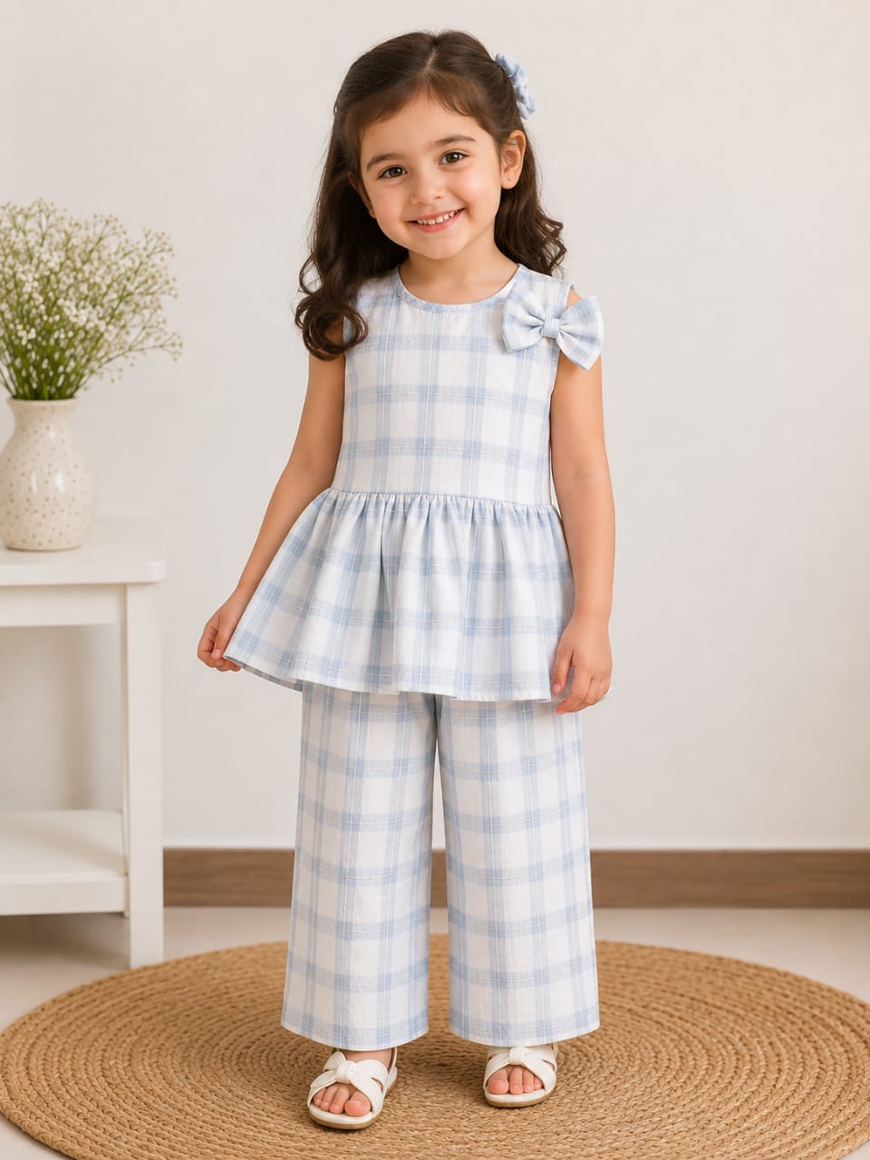 Sky blue check print